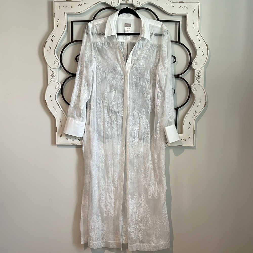 CHICO'S EMBROIDERED LONG SLEEVE DUSTER WHITE SIZE ONE SIZE